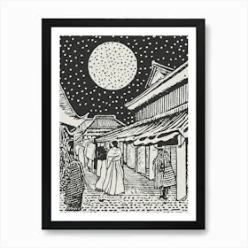 A Bustling Edo Period Marketplace Ukiyo-E Style Art Print