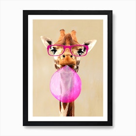 Giraffe With Bubblegum Animal Art Print