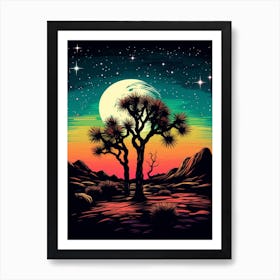 Joshua Tree With Starry Sky At Night In Retro Illustration Style (1) Art Print