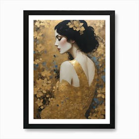 In the Style of Gustav Klimt - Beautiful Woman in Gold Leaf Wearing Back Showing Dress and Flowers, Similar to The Kiss, Tears, Portrait of Adele Bloch, Judith, Fräulein Lieser and Famous Replica Artworks - Perfect For Aesthetic Luxury Gallery Wall or Feature HD Art Print