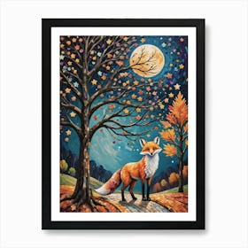 The Autumn Fox - Beautiful Rainbow Mosiac of Whimsical Fox in Fall on a Full Moon Whimsy Art for Nature Lover, Woodland, Halloween Pride Pagan Witch Colorful HD Art Print