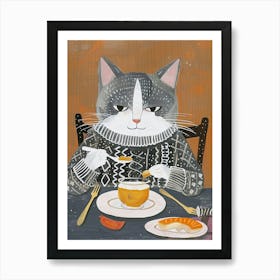 Grey And White Cat Having Breakfast Folk Illustration 1 Art Print