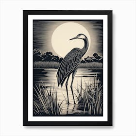 B&W Bird Linocut Great Blue Heron 3 Art Print