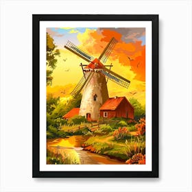 Windmill At Sunset Art Print