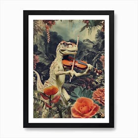 Dinosaur Playing Violin Retro Collage 1 Art Print