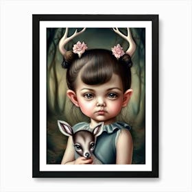 A Young Girl Holding A Deer In Her Arms Art Print