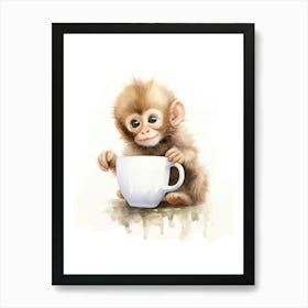 Monkey Painting Drinking Tea Watercolour 3 Art Print