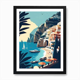 Positano, Amalfi Coast, Italy - Retro Landscape Beach and Coastal Theme Travel Poster Art Print