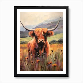 Warm Floral Impressionism Style Painting Of Highland Cow 1 Art Print