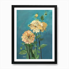 Yellow Dahlias on a Blue Background Art Print