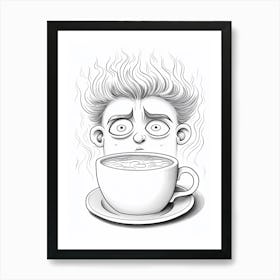 Fine Black & White Line Drawing Person Behind Coffee Cup Art Print