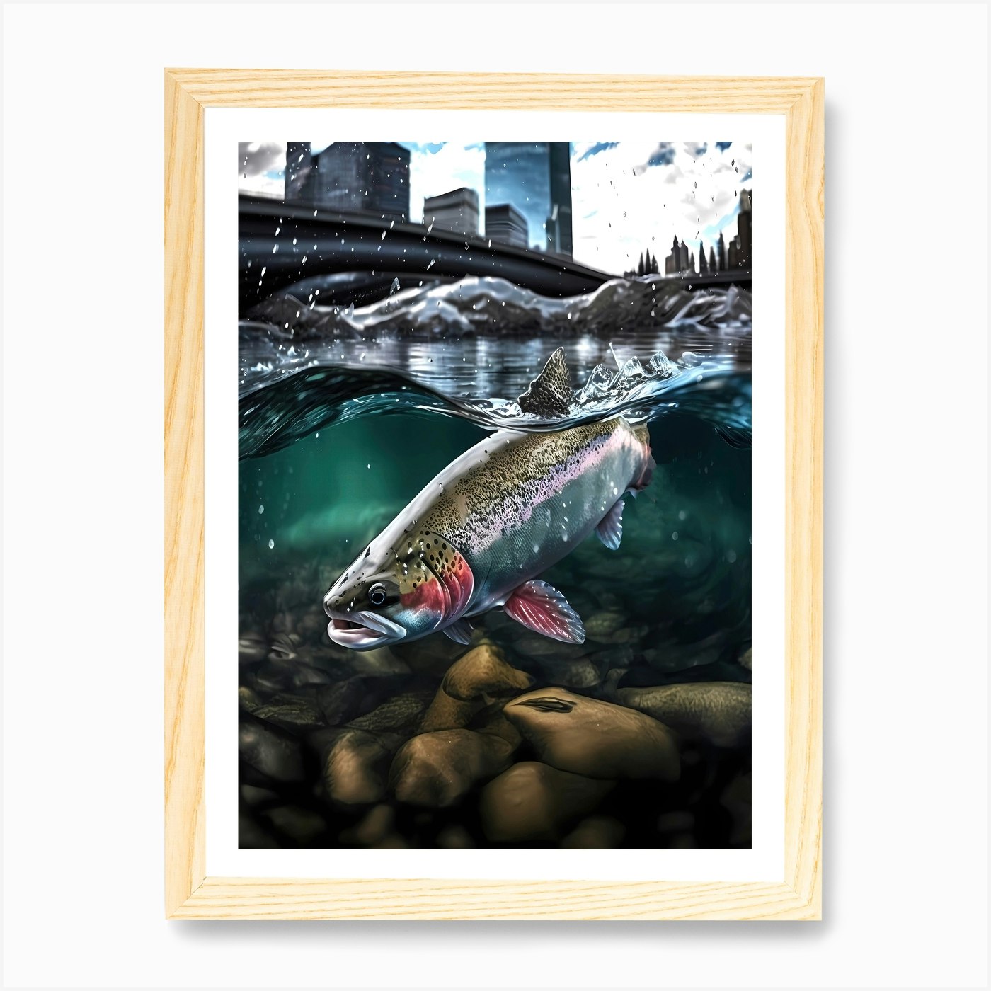 Calgary Cityscape And Trout Cresting Water - Rainbow Trout Art Print