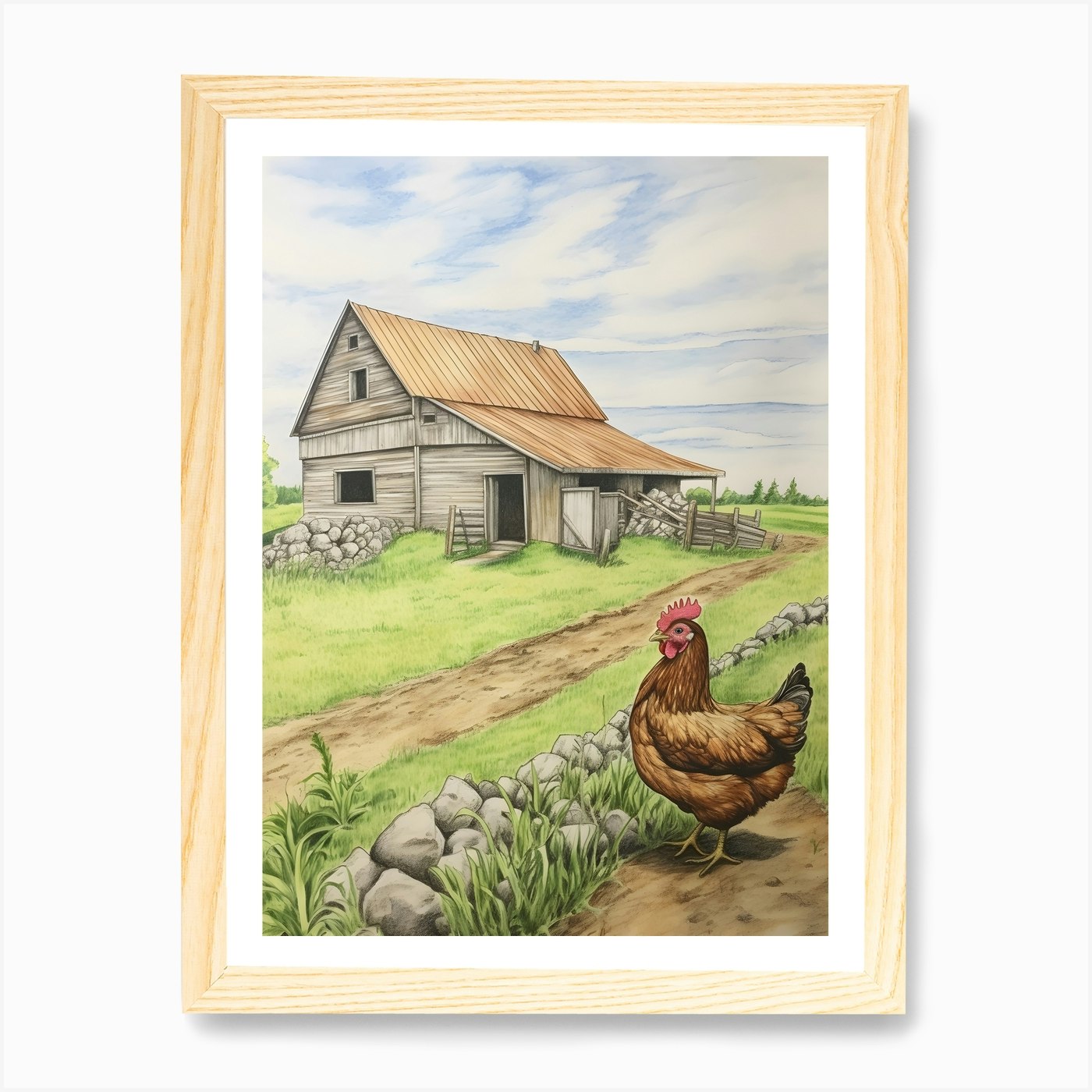 Chicken In Front Of Barn Art Print Framed Wall Art Poster Canvas Print Picture - Picture 4 of 4