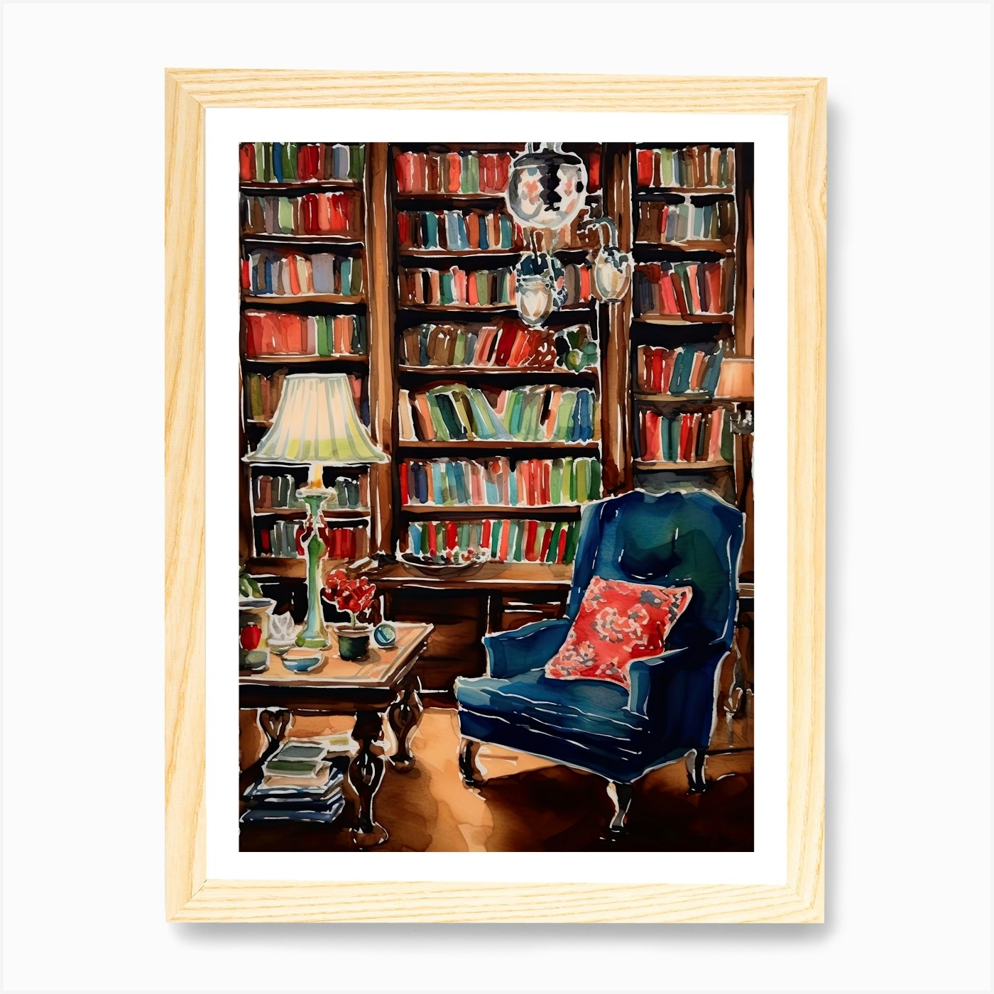 Blue Chair In A Library Art Print Framed Wall Art Poster Canvas Print Picture - Picture 4 of 4