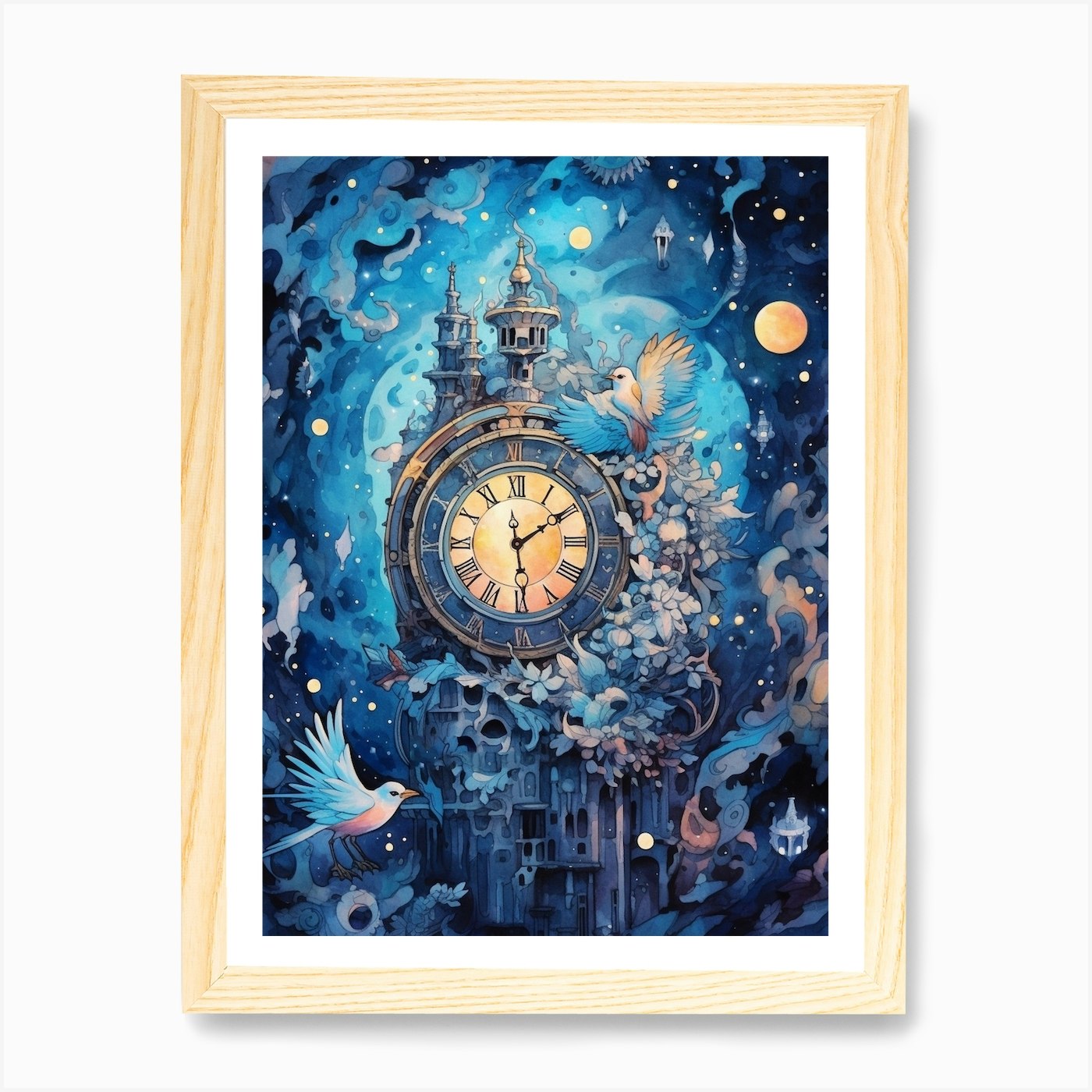 Watercolour Space Clock Celestial 7 Framed Wall Art Poster Canvas Print Picture - Picture 4 of 4