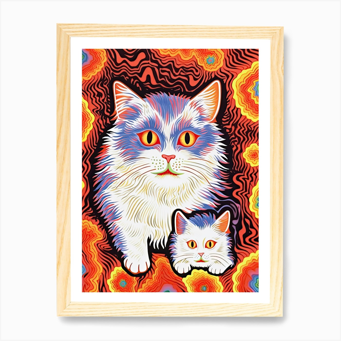 Louis Wain Psychedelic Red & Green Pet Cat Painting Fine Art Real  Canvas Print