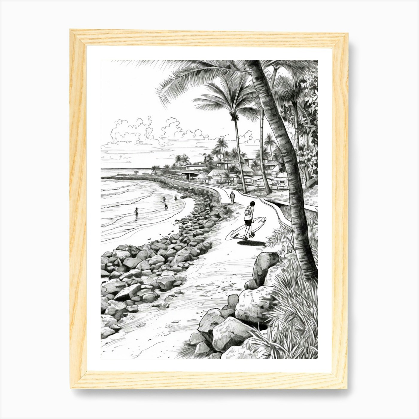 Vista de Oahu Hawaii, Estados Unidos Línea Arte B Enmarcado Arte de Pared Póster Lienzo Impresión Cuadro - Imagen 4 de 4