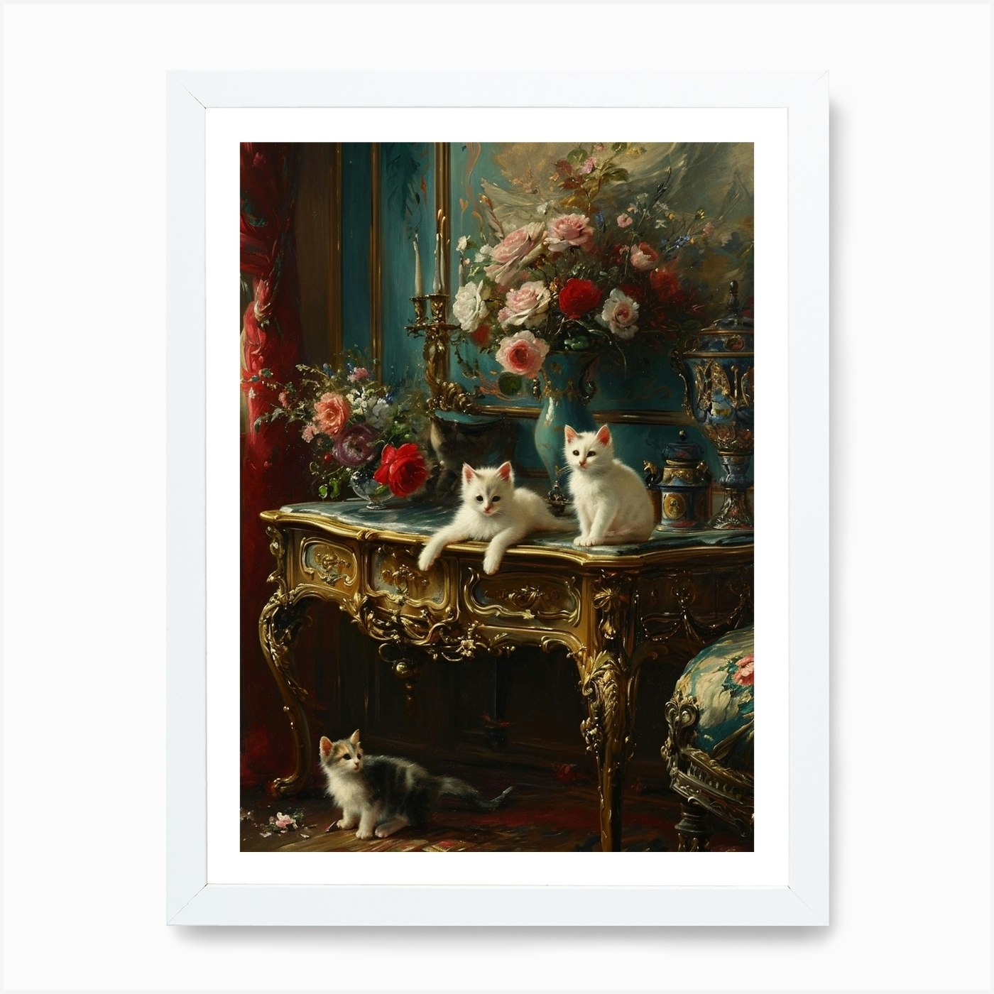 Póster arte de pared enmarcado gatitos sentados en la mesa de un palacio lienzo impresión cuadro - Imagen 3 de 4