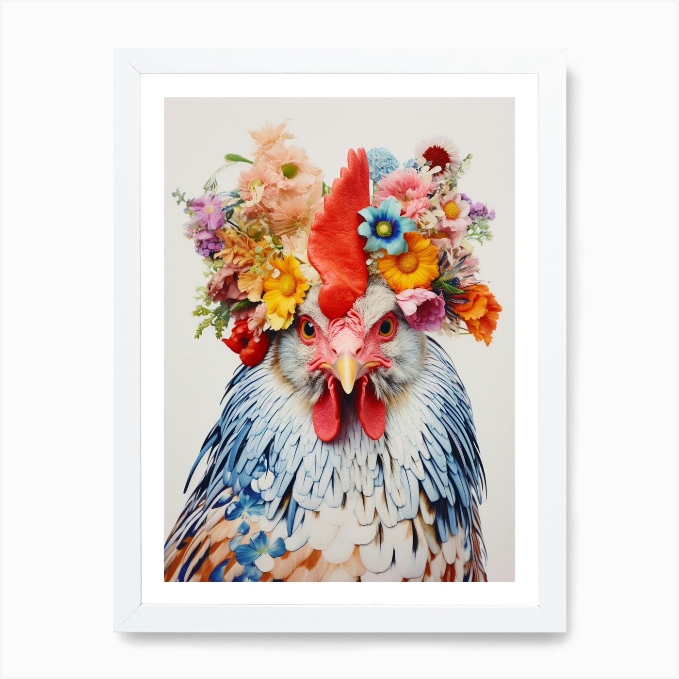 Impressionism Style Chicken with Watercolour Flower Bouquet Crown ·  Creative Fabrica