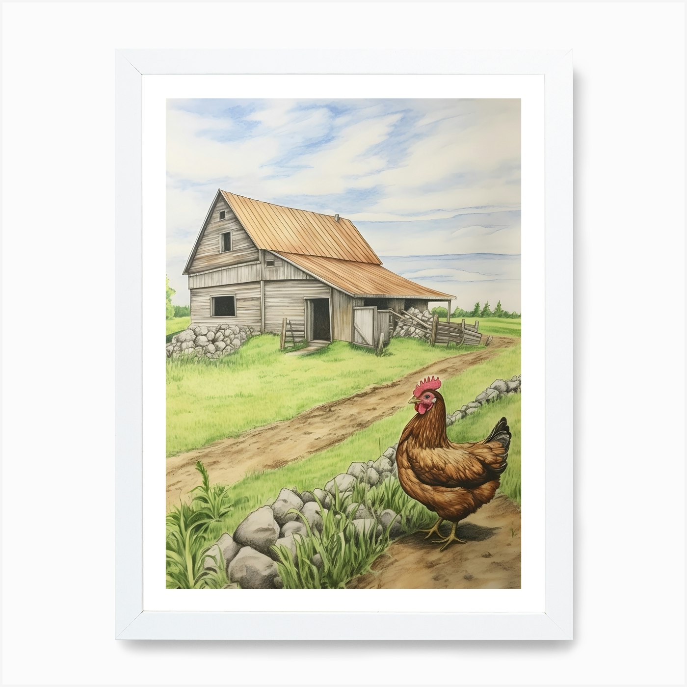 Chicken In Front Of Barn Art Print Framed Wall Art Poster Canvas Print Picture - Picture 3 of 4