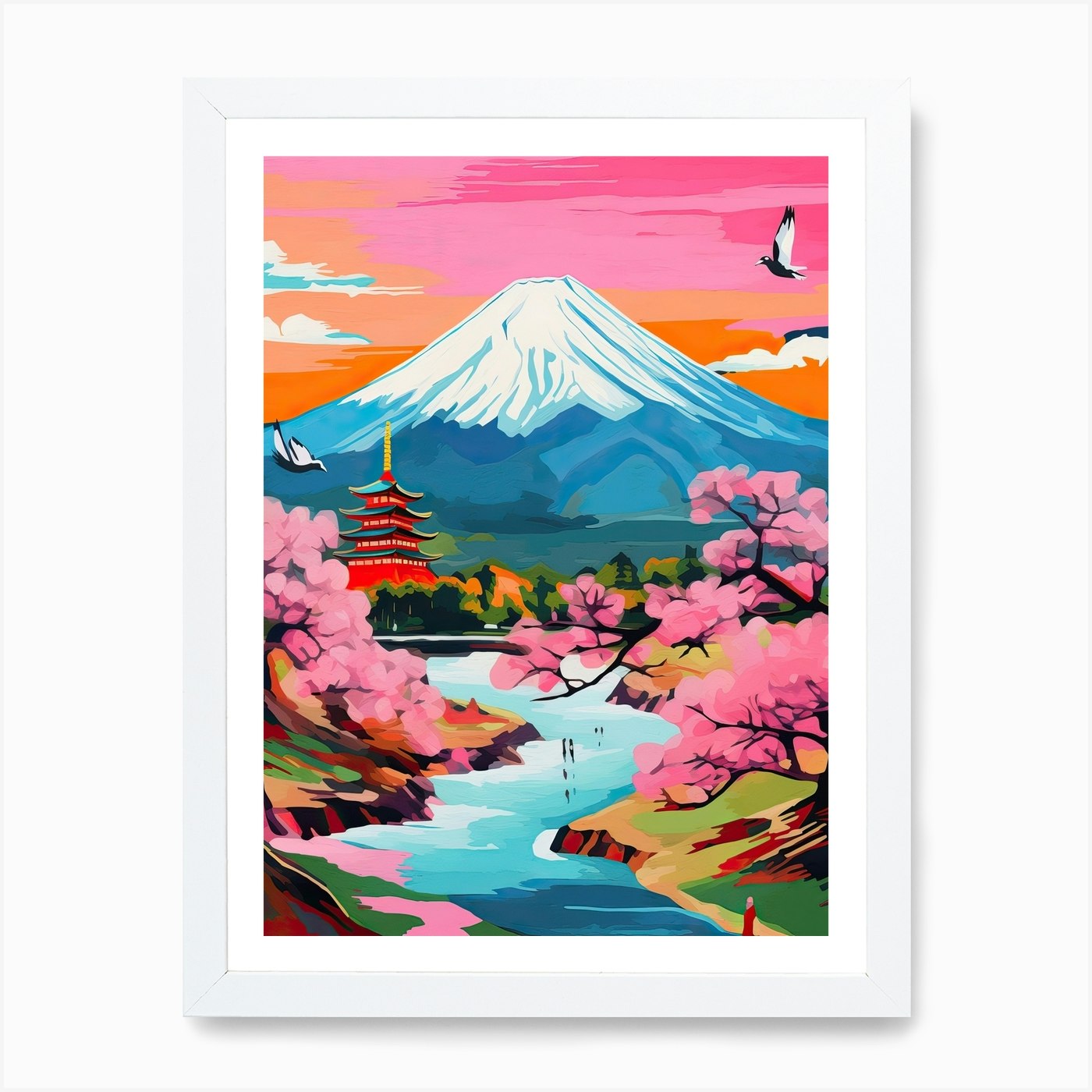 Mount Fuji Japan Travel Cherry Blossoms Painting Art Print by