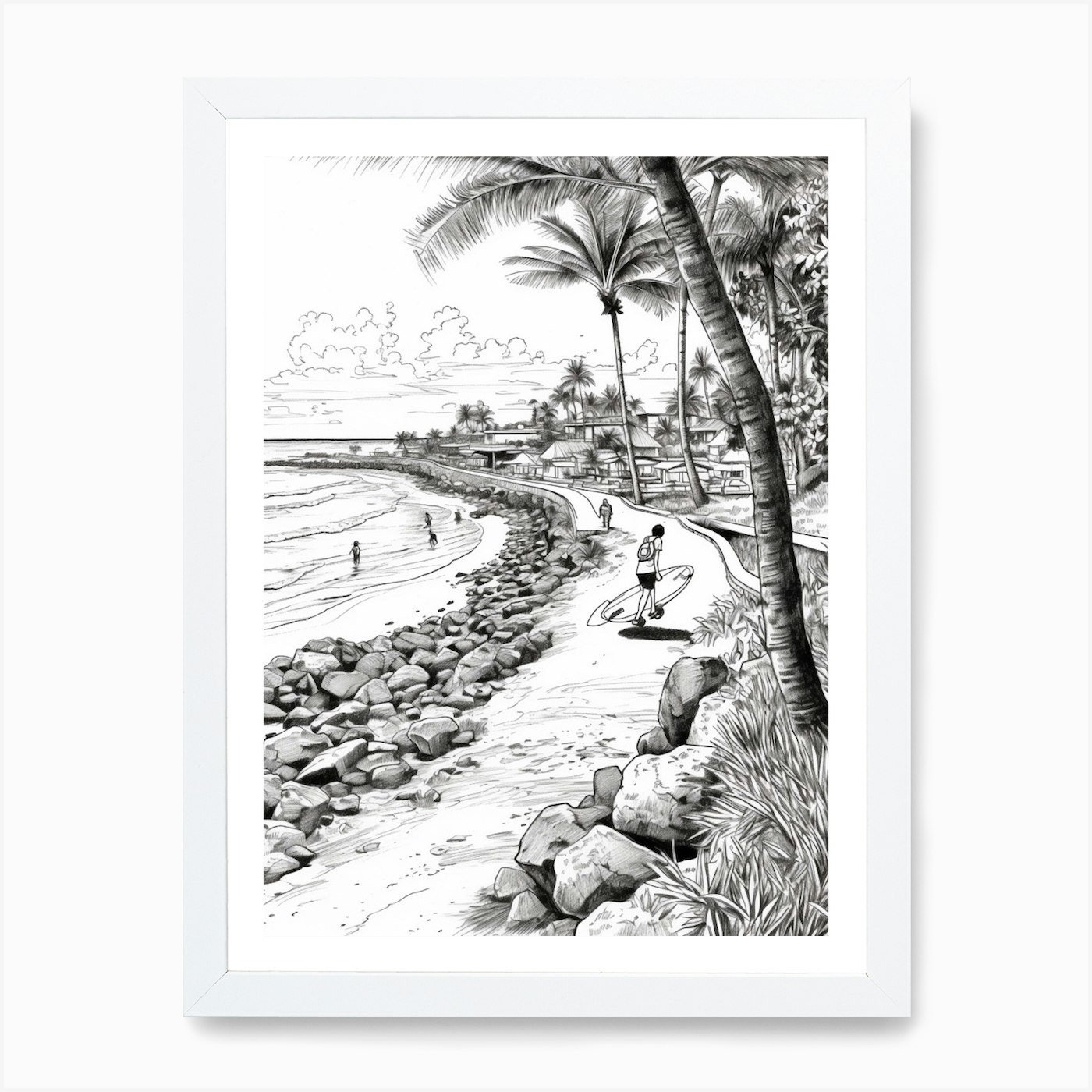 Vista de Oahu Hawaii, Estados Unidos Línea Arte B Enmarcado Arte de Pared Póster Lienzo Impresión Cuadro - Imagen 3 de 4