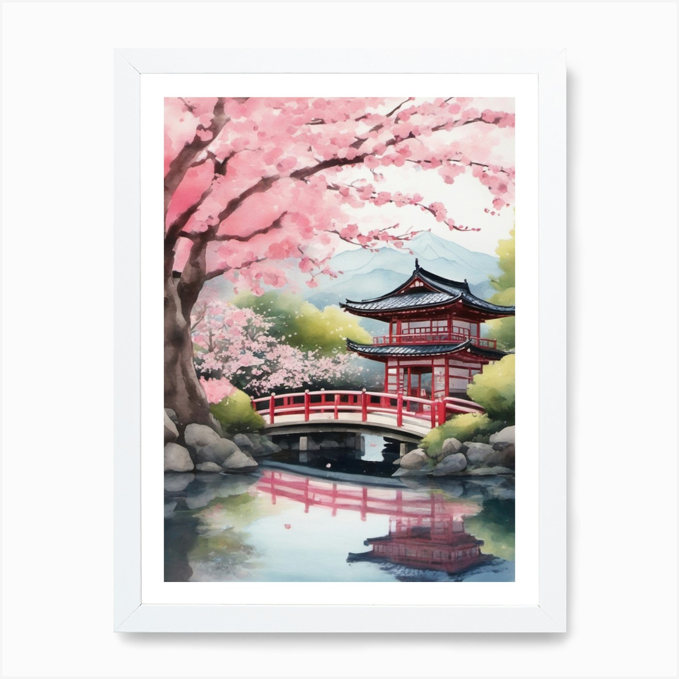 Pagoda and Cherry Blossoms - Beautiful Japanese Watercolor Landscape | Art  Board Print