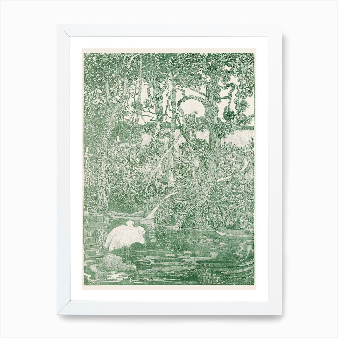 Two Herons At A Forest Pond, Theo V Framed Wall Art Poster Canvas Print Picture - Picture 3 of 4