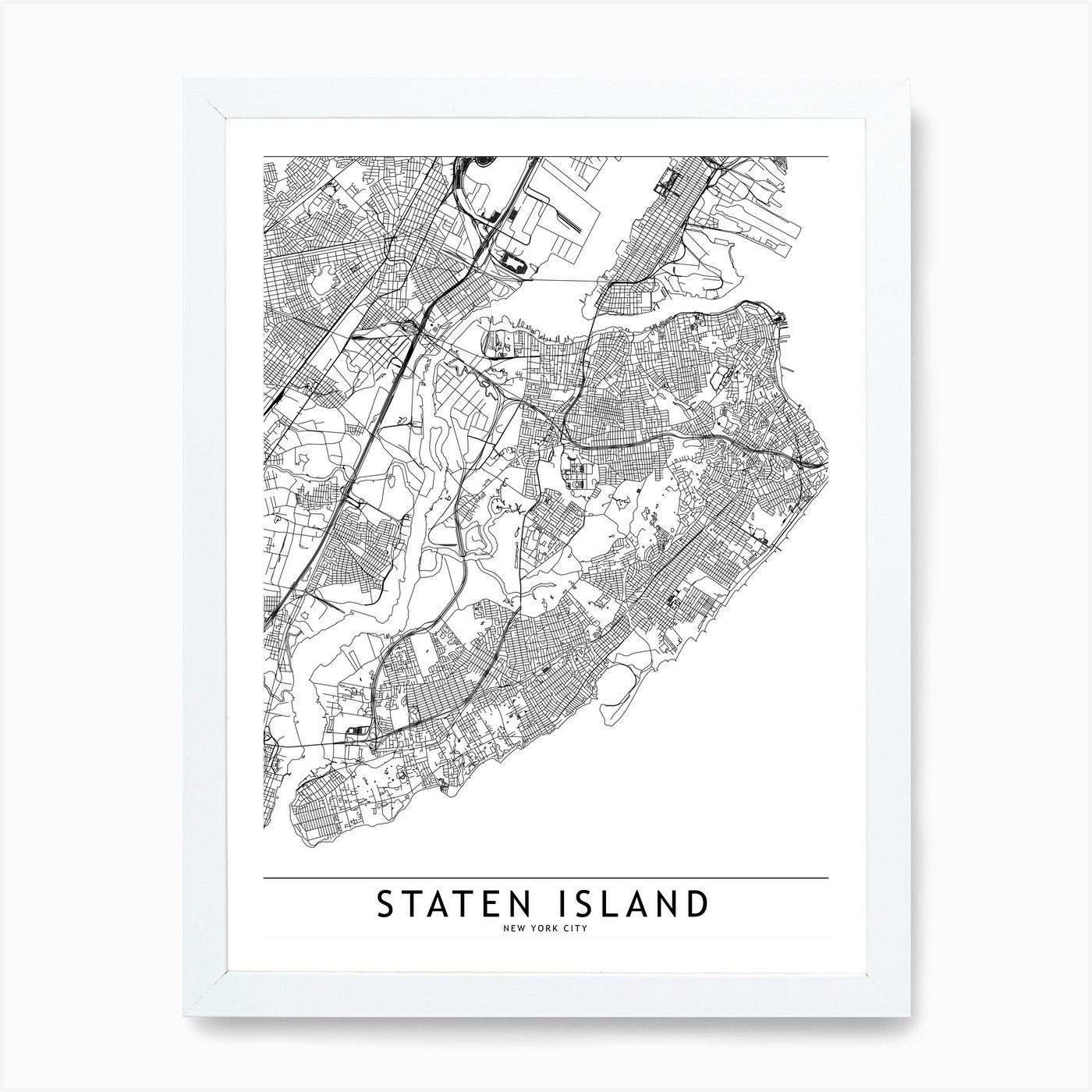 Staten Island White Map Art Print by multipliCITY - Fy