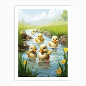Animated Ducklings Swimming In The River 3 Art Print