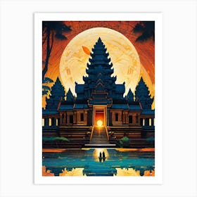 Angkor Wat Temple - Cambodia - Trippy Abstract Cityscape Iconic Wall Decor Visionary Psychedelic Fractals Fantasy Art Cool Full Moon Third Eye Space Sci-fi Awesome Futuristic Ancient Paintings For Your Home Vietnamese Gift For Him Art Print