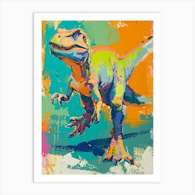 Dinosaur Running Blue Orange Brushstrokes 2 Art Print