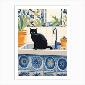 Black Cat In The Kitchen Sink, Mediterranean Style 3 Art Print