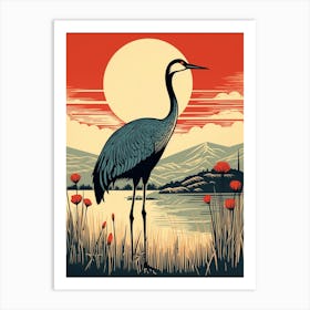 Vintage Bird Linocut Crane 2 Art Print