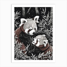 Red Panda Playing Together In A Meadow Ink Illustration 2 Art Print