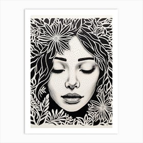 Floral Black & White Face Drawing 2 Art Print