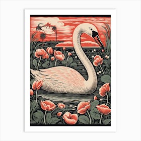 Vintage Bird Linocut Swan 2 Art Print