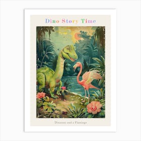 Dinosaur & Flamingo Vintage Storybook Painting Poster Art Print