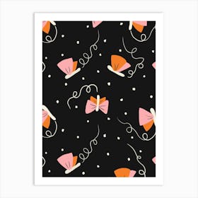 Fluttering Retro Fireflies Peach and Pink on Black Art Print