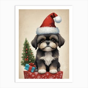 Christmas Shih Tzu Dog Wear Santa Hat (11) Art Print
