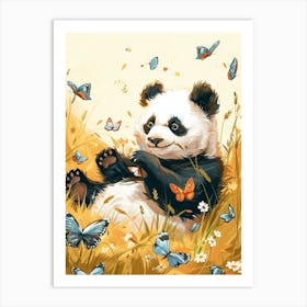 Giant Panda Cub Playing With Butterflies Storybook Illustration 3 Art Print