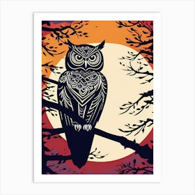 Folk Art Style Owl Perched Solid Color Backdrop Defined Edges Minimalistic Aesthetic Bold Hues C 905683595 Art Print