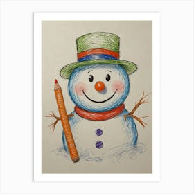 Snowman With Pencil Art Print