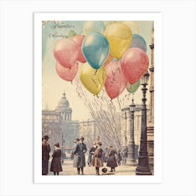 Festive Balloons Cluster At The Foreground Of A Vintage Postcard Colors In Soft Pastels Each Ballo Poster