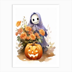 Cute Ghost With Pumpkins Halloween Watercolour 44 Art Print