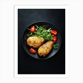 Grilled chicken breast with vegetables — Food kitchen poster/blackboard, photo art Art Print