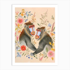 Folksy Floral Animal Drawing Monkey Art Print