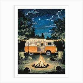 Anime Canvas Art: Cozy Camper Van at Night with Campfire, String Lights, and Starry Sky, Perfect for Lofi Aesthetic and Peaceful Outdoor Lovers. Poster