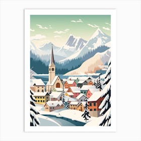 Vintage Winter Travel Illustration Hallstatt Austria 2 Art Print