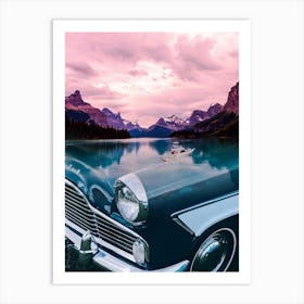 Classic Car And Lake Boat mountains landscape Art Print